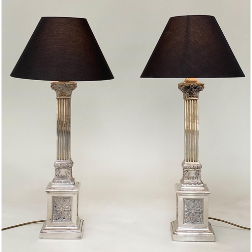 255 - TABLE LAMPS, a pair, silvered metal with fluted square section columns and Corinthian capping, 74cm ... 