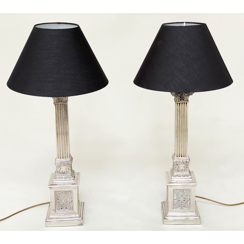 255 - TABLE LAMPS, a pair, silvered metal with fluted square section columns and Corinthian capping, 74cm ... 