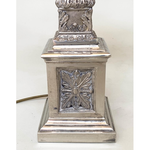 255 - TABLE LAMPS, a pair, silvered metal with fluted square section columns and Corinthian capping, 74cm ... 