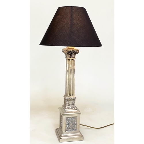 255 - TABLE LAMPS, a pair, silvered metal with fluted square section columns and Corinthian capping, 74cm ... 