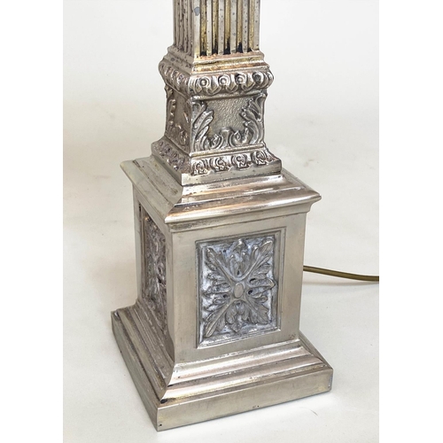 255 - TABLE LAMPS, a pair, silvered metal with fluted square section columns and Corinthian capping, 74cm ... 