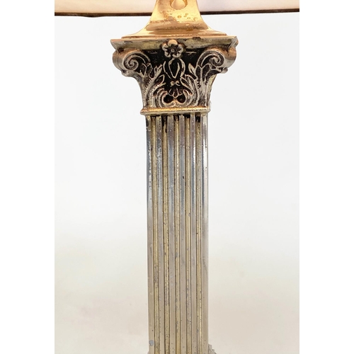 255 - TABLE LAMPS, a pair, silvered metal with fluted square section columns and Corinthian capping, 74cm ... 