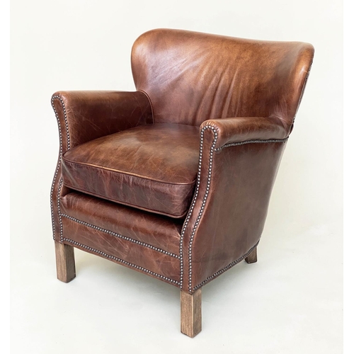 257 - LITTLE PROFESSOR ARMCHAIR, Halo tan leather and brass bound with rounded back and arms, 67cm W.