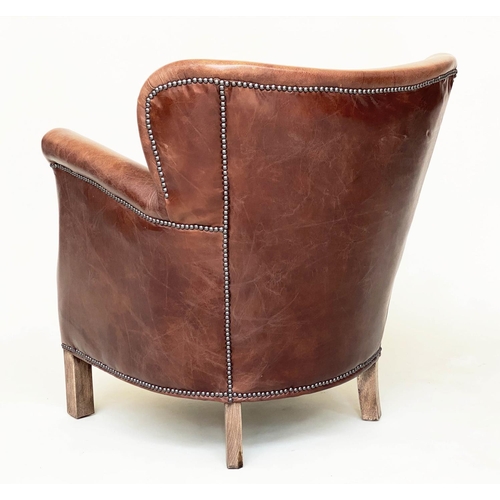 257 - LITTLE PROFESSOR ARMCHAIR, Halo tan leather and brass bound with rounded back and arms, 67cm W.