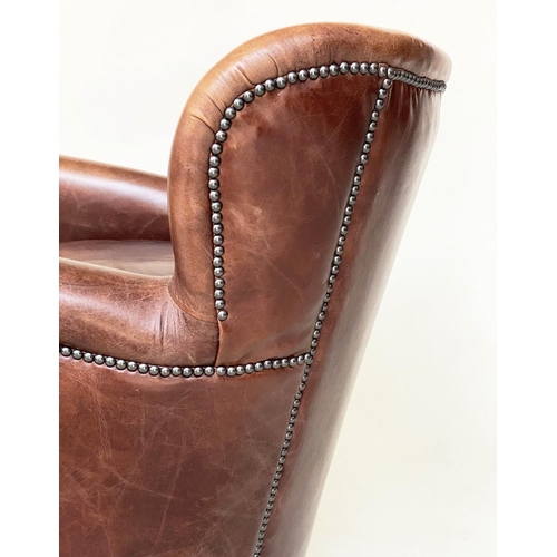 257 - LITTLE PROFESSOR ARMCHAIR, Halo tan leather and brass bound with rounded back and arms, 67cm W.