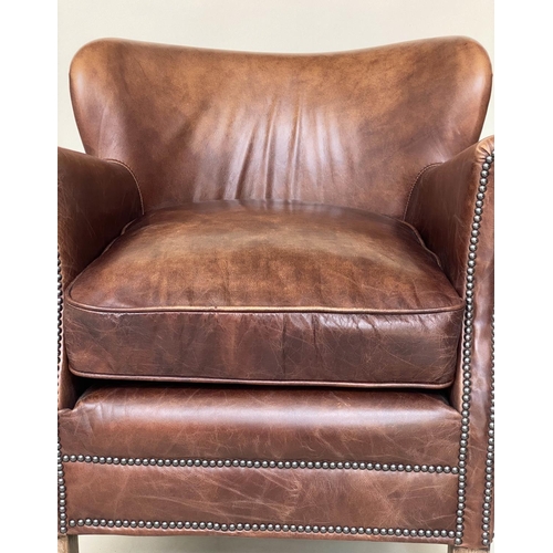 257 - LITTLE PROFESSOR ARMCHAIR, Halo tan leather and brass bound with rounded back and arms, 67cm W.