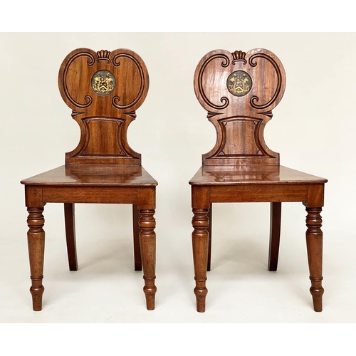 263 - HALL CHAIRS, a pair, mid 19th century mahogany with incised C scroll back with inset painted and gil... 