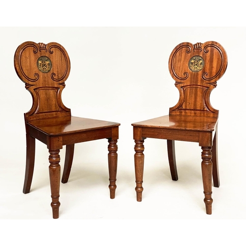 263 - HALL CHAIRS, a pair, mid 19th century mahogany with incised C scroll back with inset painted and gil... 