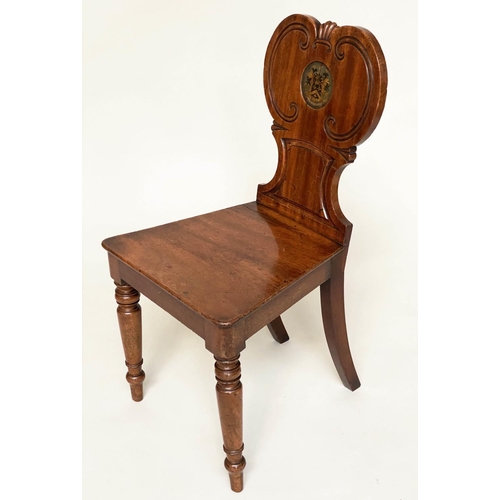 263 - HALL CHAIRS, a pair, mid 19th century mahogany with incised C scroll back with inset painted and gil... 