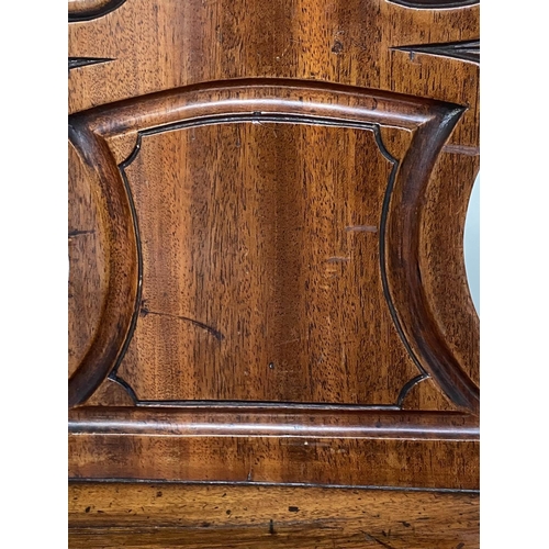 263 - HALL CHAIRS, a pair, mid 19th century mahogany with incised C scroll back with inset painted and gil... 