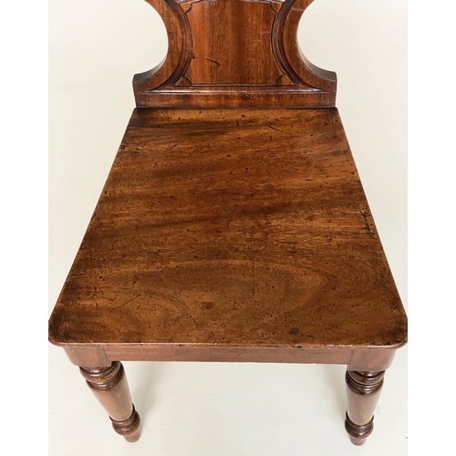 263 - HALL CHAIRS, a pair, mid 19th century mahogany with incised C scroll back with inset painted and gil... 