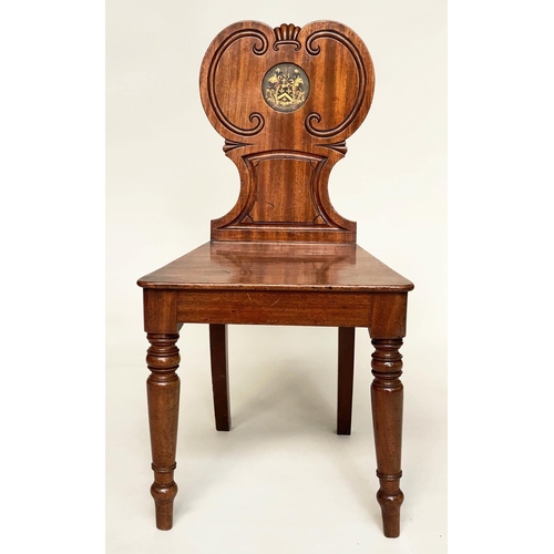 263 - HALL CHAIRS, a pair, mid 19th century mahogany with incised C scroll back with inset painted and gil... 