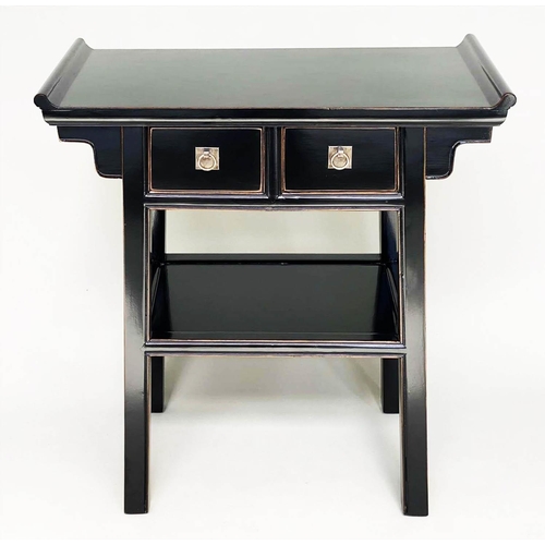 264 - CONSOLE TABLE, Chinese black lacquered and silvered metal mounted with two drawers and undertier, 78... 