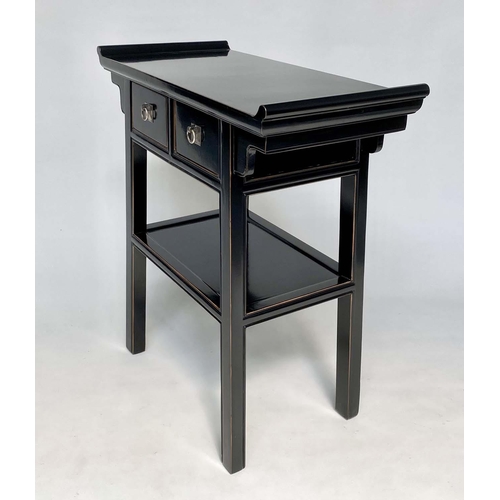 264 - CONSOLE TABLE, Chinese black lacquered and silvered metal mounted with two drawers and undertier, 78... 