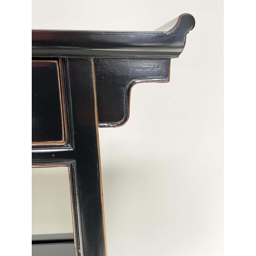 264 - CONSOLE TABLE, Chinese black lacquered and silvered metal mounted with two drawers and undertier, 78... 