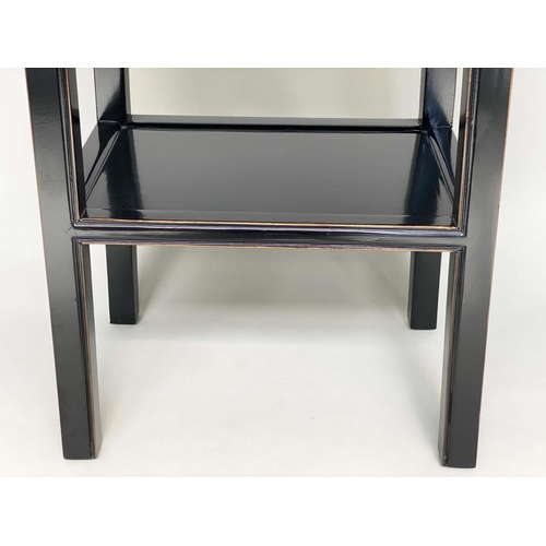 264 - CONSOLE TABLE, Chinese black lacquered and silvered metal mounted with two drawers and undertier, 78... 