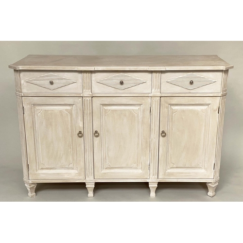 266 - SIDE CABINET, Swedish Gustavian style grey painted with lozenge panels and fluted pilasters, three d... 