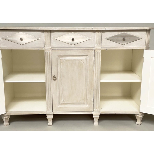 266 - SIDE CABINET, Swedish Gustavian style grey painted with lozenge panels and fluted pilasters, three d... 