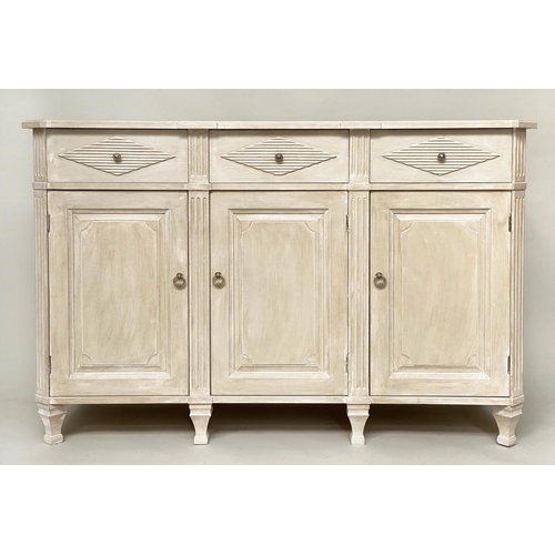 266 - SIDE CABINET, Swedish Gustavian style grey painted with lozenge panels and fluted pilasters, three d... 