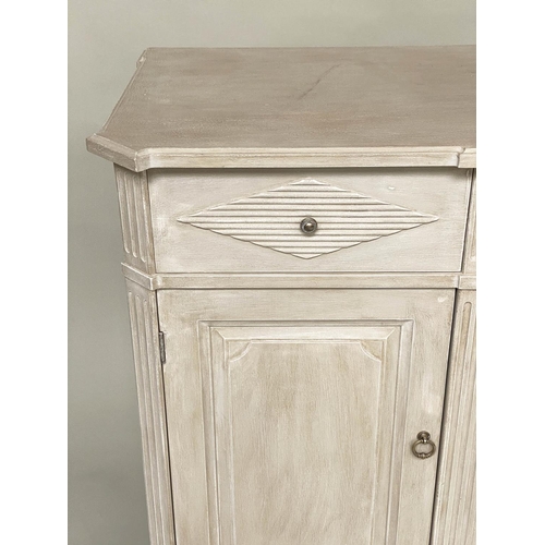 266 - SIDE CABINET, Swedish Gustavian style grey painted with lozenge panels and fluted pilasters, three d... 