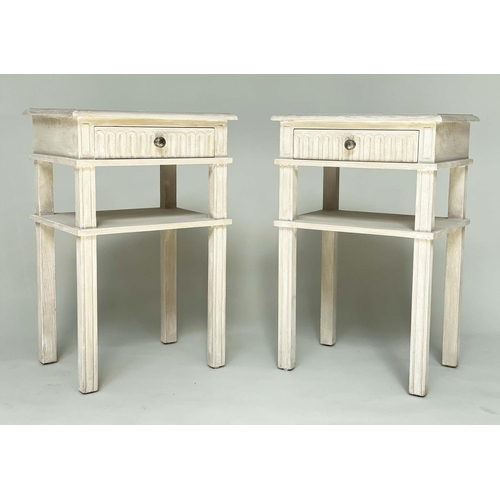 267 - LAMP TABLES, a pair, French style grey painted each with drawer and undertier and fluted detail, 46c... 