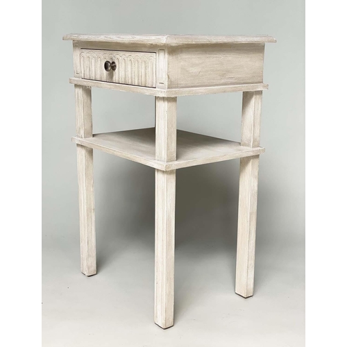 267 - LAMP TABLES, a pair, French style grey painted each with drawer and undertier and fluted detail, 46c... 