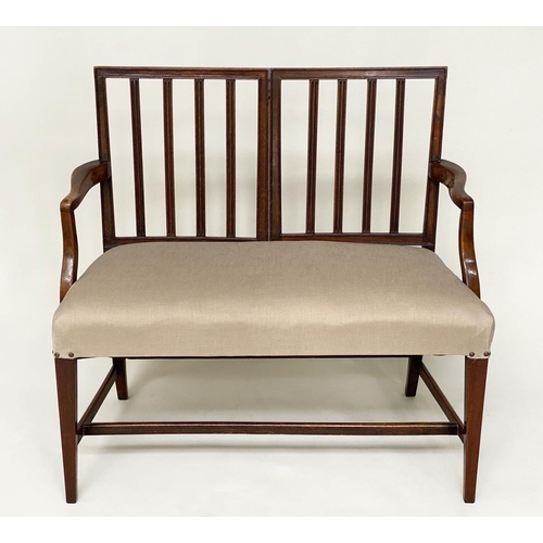 271 - HALL BENCH, George III design mahogany with reeded slat back and brass studded linen upholstered sea... 