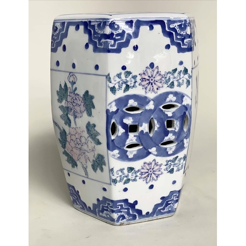 272 - CHINESE STOOLS, a pair, Chinese blue and white ceramic of facetted barrel form with pierced detail, ... 