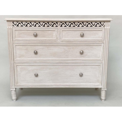 273 - CHEST, French grey painted with pierced frieze above two short and two long drawers, 92cm x 85cm H x... 