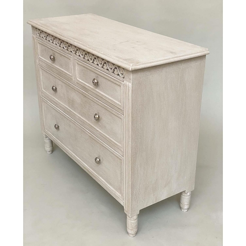 273 - CHEST, French grey painted with pierced frieze above two short and two long drawers, 92cm x 85cm H x... 