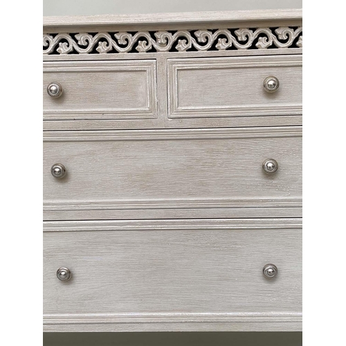 273 - CHEST, French grey painted with pierced frieze above two short and two long drawers, 92cm x 85cm H x... 