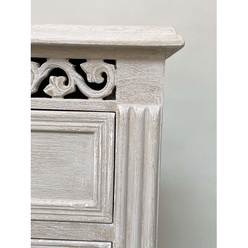 273 - CHEST, French grey painted with pierced frieze above two short and two long drawers, 92cm x 85cm H x... 