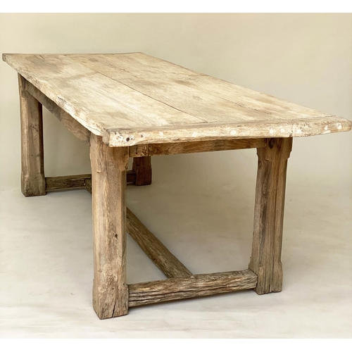 274 - FARMHOUSE DINING TABLE, rustic oak cleated and planked with substantial solid oak stretchered suppor... 