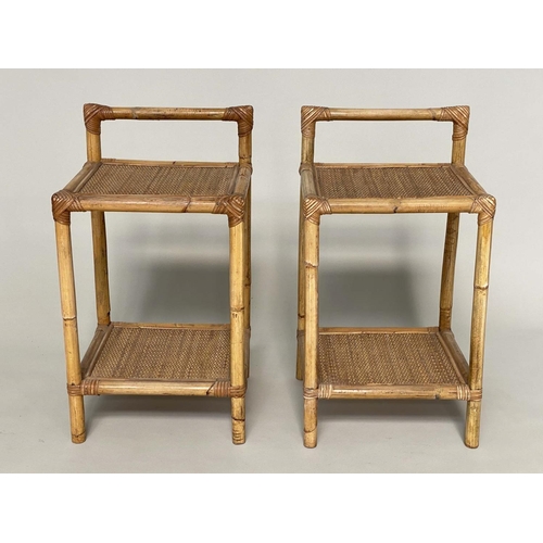 275 - LAMP TABLES, a pair, bamboo and cane bound with two wicker panelled shelves and upstand, 35cm x 32cm... 