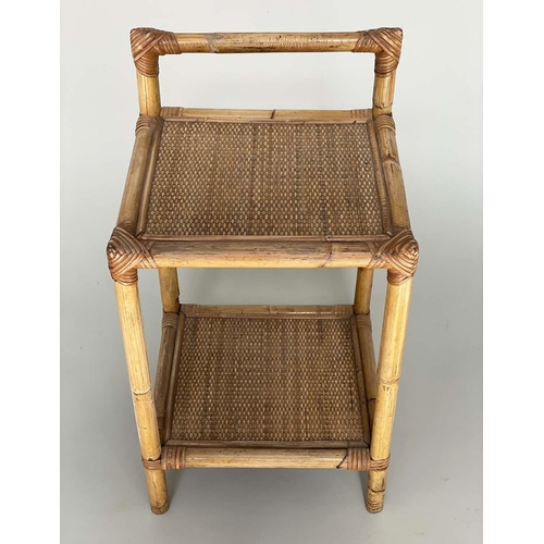 275 - LAMP TABLES, a pair, bamboo and cane bound with two wicker panelled shelves and upstand, 35cm x 32cm... 