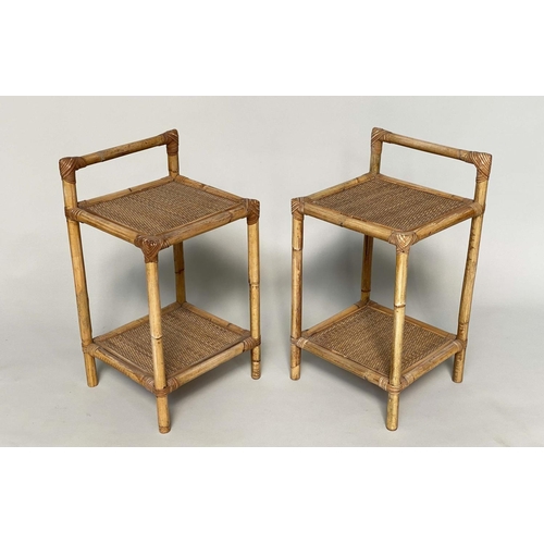 275 - LAMP TABLES, a pair, bamboo and cane bound with two wicker panelled shelves and upstand, 35cm x 32cm... 