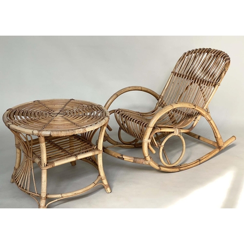 276 - TERRACE ARMCHAIR AND TABLE, 1950's rattan, bamboo and cane bound rocking armchair 59cm W and matchin... 