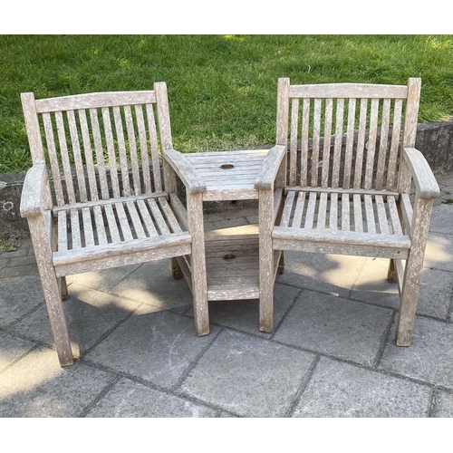 277 - GARDEN CONVERSATION SEATS, silvery weathered teak slatted armchairs with conjoined table, 156cm x 90... 