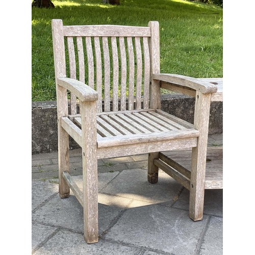 277 - GARDEN CONVERSATION SEATS, silvery weathered teak slatted armchairs with conjoined table, 156cm x 90... 