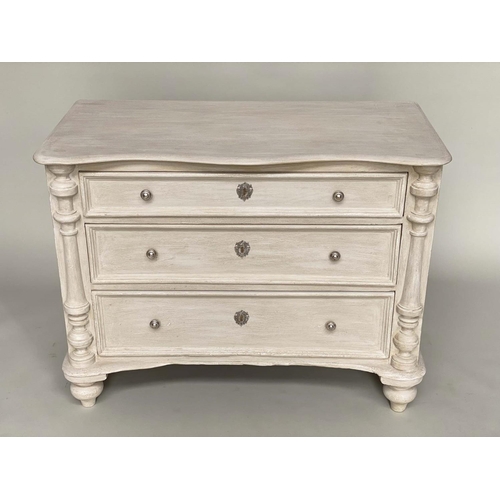 278 - COMMODE, 19th century French traditionally grey painted with three long drawers and columns, 105cm W... 