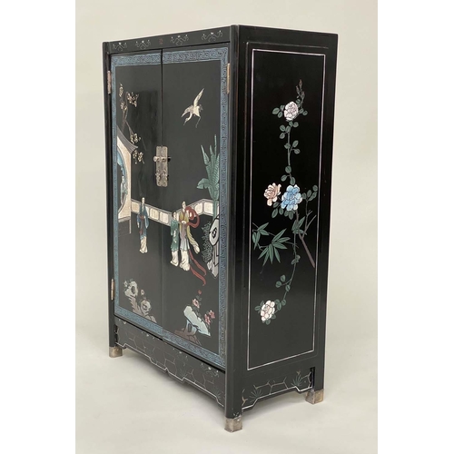 284 - CHINESE SIDE CABINET, lacquered with incised polychrome Chinoiserie decoration and two panel doors, ... 