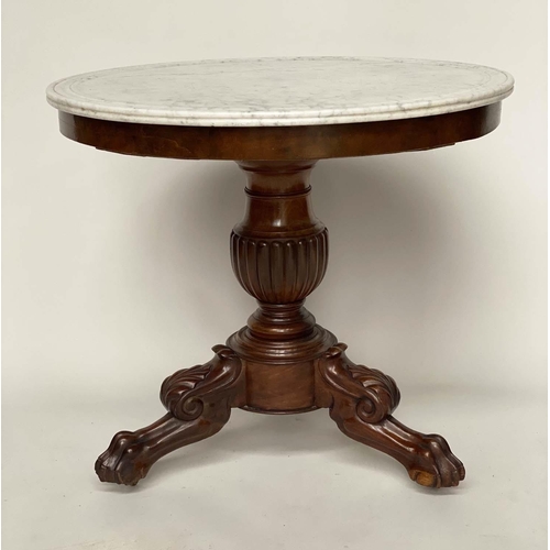 GUERIDON, 19th century French Louis Philippe figured mahogany with circular moulded edge veined white marble top on carved column and paw supports, 72cm H x 80cm W.