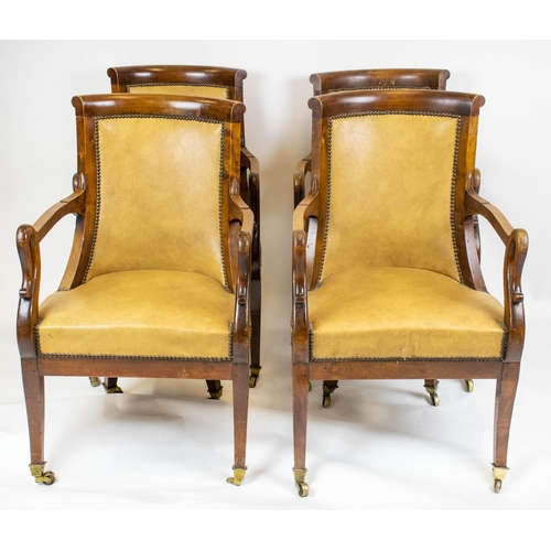 294 - FAUTEUILS, 93cm H x 57cm W, a set of four Restauration mahogany, circa 1820 in tan leatherette. (4)