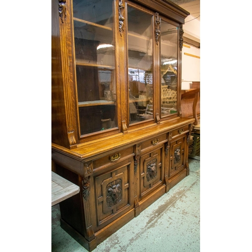 296 - LIBRARY BOOKCASE, 246cm H x 209cm x 56cm D, Victorian oak, circa 1880, with three glazed doors enclo... 