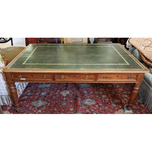 299 - PARTNER'S WRITING TABLE, 184cm W x 73cm H x 118cm D, Victorian mahogany with a green tooled leather ... 