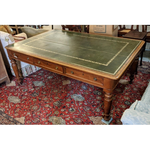 299 - PARTNER'S WRITING TABLE, 184cm W x 73cm H x 118cm D, Victorian mahogany with a green tooled leather ... 