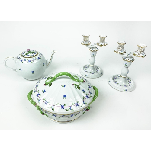 3 - HEREND TEAPOT, a tureen and pair of double sconce candlesticks P.B.G. cornflower blue garland patter... 