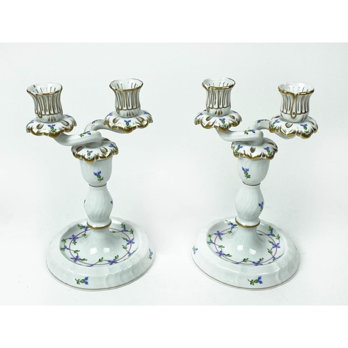 3 - HEREND TEAPOT, a tureen and pair of double sconce candlesticks P.B.G. cornflower blue garland patter... 