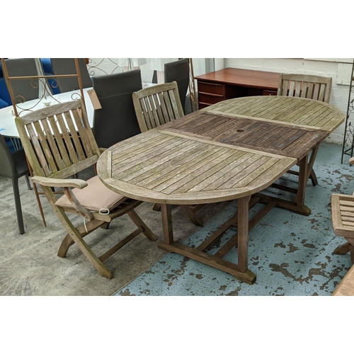 306 - BRAMBLECREST GARDEN CHAIRS, a set of four, 84cm H, and a matched extendable dining table, 29cm x 100... 