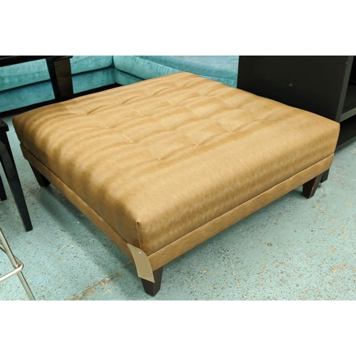 312 - OTTOMAN, 103cm x 100cm x 40cm, buttoned tan finish, on tapering block supports.